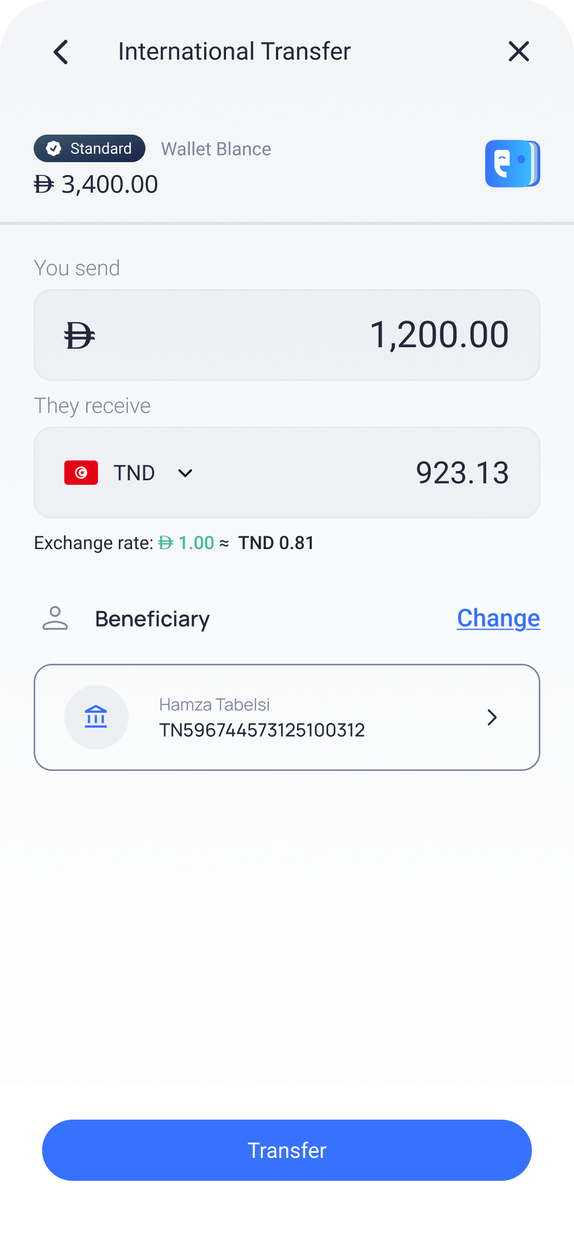 International transfer with currency conversion